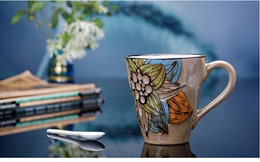包邮环保手绘色釉陶瓷荷花杯子 大号马克杯 个性创意复古咖啡杯