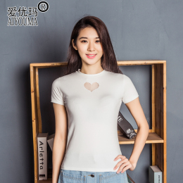 2016新款夏季韩版白色短袖T恤女修身显瘦圆领高领上衣体恤棉质
