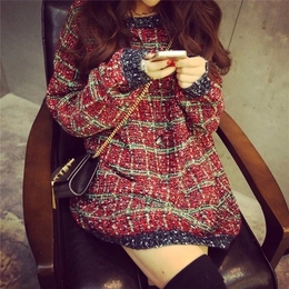 2014秋冬新款女装韩版复古加厚大码宽松蝙蝠袖格子中长款套头毛衣