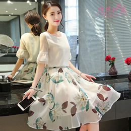 韩版夏款女装连衣裙中长款短袖圆领雪纺印花裙子收腰两件套装潮裙