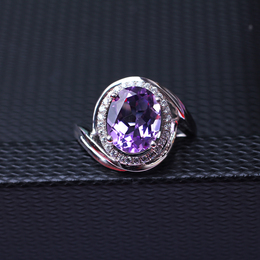 闽东珠宝天然紫水晶戒指925纯银镀18K白金戒指时尚锆石镶嵌女戒