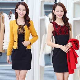 秋季新品韩版时尚高腰蕾丝包臀裙秋两件套大码修身长袖套装裙女