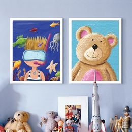 儿童房装饰画小女孩可爱墙画男孩卧室床头挂画温馨壁画创意卡通熊