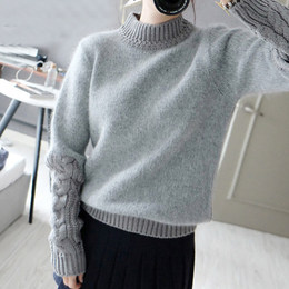 上新 2016新款女装毛衣兔毛保暖拼接时尚休闲百搭套头纯色灰色