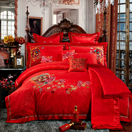 专柜正品婚庆四件套 结婚床上用品纯棉六八十多件套全棉大红刺绣