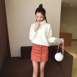 2016韩版秋冬新款加厚版高领毛衣+A字短裙两件套潮气质毛衣套装女