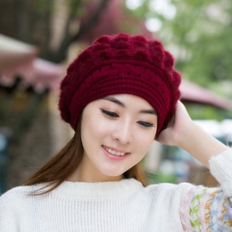 秋冬季韩版帽子女 双层加厚针织兔毛帽贝雷帽冬天加厚纯色护耳帽