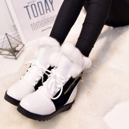 2015冬款韩版内增高甜美保暖系带毛毛靴加绒厚底学生鞋平底女短靴