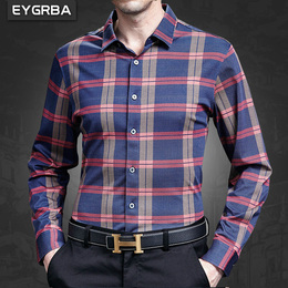 爱格堡2015秋季新款中年格子衬衫丝光棉长袖休闲薄款免烫衬衣