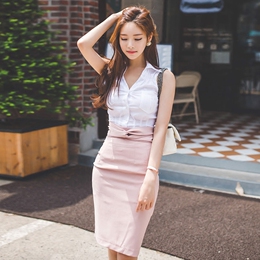 2016韩版夏季新款女装性感V领无袖衬衫修身高腰开叉包臀套装裙潮
