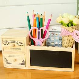韩国笔筒创意时尚田园可爱木质抽屉带黑板 多功能笔筒收纳盒包邮