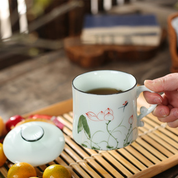 茶具 景德镇手绘茶杯陶瓷 带盖过滤水杯 办公室泡茶个人杯子