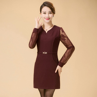 雅思迪韩版新款长袖妈妈装连衣裙时尚修身显瘦蕾丝高贵气质女装潮