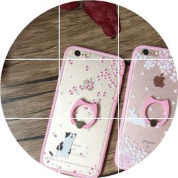 热卖粉樱花树指环支架iphone6s手机壳苹果6splus浮雕软硅胶4.7保