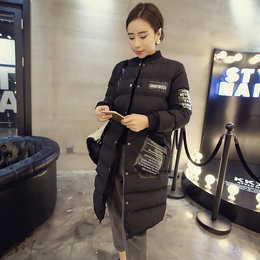 2015冬装新款韩版贴布中长款棉衣单排扣修身长款棉服外套女