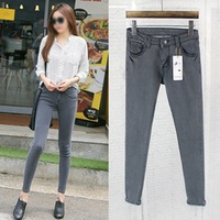 2015新款韩版纯色气质女式牛仔裤 黑灰色修身铅笔小脚裤挽踝裤
