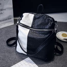 2016新款韩版PU黑白配双肩背包时尚简约旅行背包学院风书包女包包