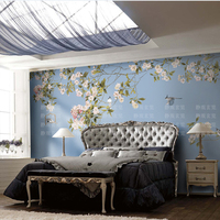 定制壁纸墙纸大型壁画客厅沙发背景墙蓝色花鸟无缝整张真丝b-77-2