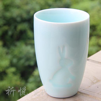 陶瓷手绘雕刻小兔子朴素清新马克杯简约青釉杯子茶杯夏天水杯定制