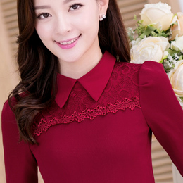 加绒加厚蕾丝衫2015秋季新品韩版大码女装翻领修身网纱长袖打底衫