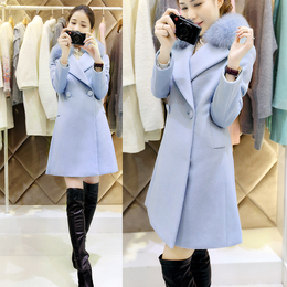 2015冬装新款韩版女装狐狸毛领中长款修身毛呢外套加厚A字呢大衣