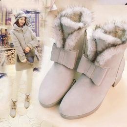 韩版2015水貂毛女鞋冬季新款短靴女冬真皮低跟尖头女靴子棉鞋女冬
