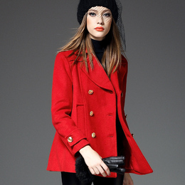 欧洲站2015冬装新款女装欧美大牌双排扣羊毛呢子短款外套红色
