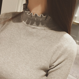 2015秋装韩国新款木耳边领修身打底衫套头针织衫女毛衣