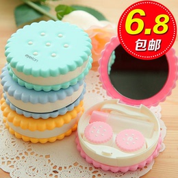 韩国可爱饼干隐形眼镜盒 隐形近视美瞳伴侣盒清洗盒护理盒带镜子