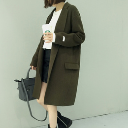女士女装2016秋季新款韩版纯手工缝制宽松显瘦中长款毛呢大衣外套
