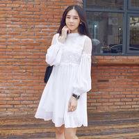 2015韩国东大门女装秋款新款女装超仙灯笼长袖刺绣雪纺连衣裙