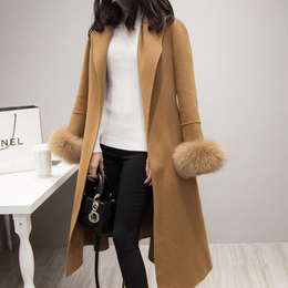 新款韩版女装秋冬长款毛呢外套女狐狸毛修身显瘦气质羊毛呢子大衣