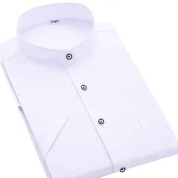 2015夏季新品立领短袖衬衫 青年男中华领衬衣圆领正装商务纯白色
