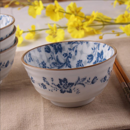 包邮日式青花高脚碗4.5寸吉祥花陶瓷碗餐具釉下彩米饭碗送筷子