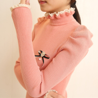 秋冬季新品女装韩版修身荷叶领针织衫打底衫中长款紧身打底毛衣女