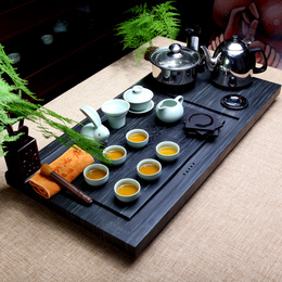 木纹石头茶盘茶具套装 墨绿玉石茶海茶台 四合一电磁炉黑金石茶盘