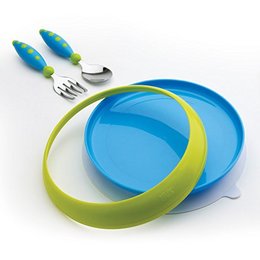 美国NUK 宝宝吸盘碗 不锈钢叉勺+吸盘餐盘 3件套儿童餐具套装
