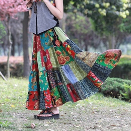夏装新款原创设计纯棉半身裙中国民族风拼接碎花中式文艺大摆女裙