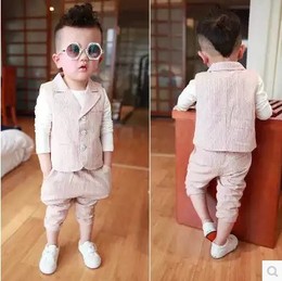 2016秋款童装韩版男童纯色条纹套装 中小童西装裤套装 儿童两件套