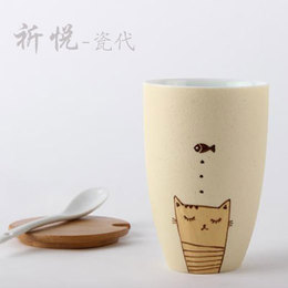 猫鱼故事喝水杯咖啡杯创意卡通手工陶瓷马克杯送盖勺学生情侣礼品