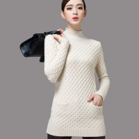 2015秋冬新款羊绒衫女高领中长款方格羊绒修身套头打底毛衣包臀