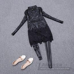 欧洲站2015冬装欧货新款女装时尚百搭拼接PU蕾丝修身衬衫领连衣裙