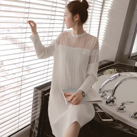 韩版孕妇装 大码宽松 白色性感 孕妇百褶长袖中长款连衣裙 包邮