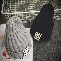 韩国新款春秋季字母贴标尖尖毛线帽情侣布标针织套头帽子男女冬潮