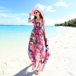 新款波西米亚高腰吊带雪纺连衣裙修身显瘦沙滩裙海边度假长裙