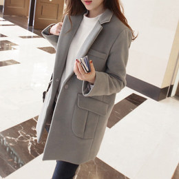 2016春装外套韩国新款毛呢外套女中长款韩版宽松灰色呢大衣