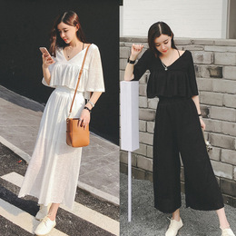 2016新夏韩版简约气质性感V领短袖减龄高腰百褶阔腿裤两件套装女