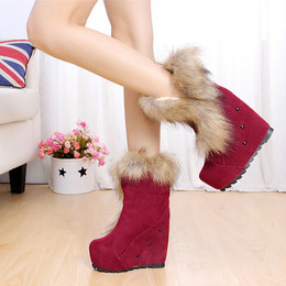 2015冬季新款仿狐狸毛雪地靴坡跟高跟鞋保暖雪地靴棉鞋中筒女靴