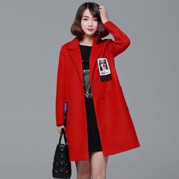 2015秋冬装新款韩版修身显瘦羊毛呢外套时尚中长款红色呢子大衣女