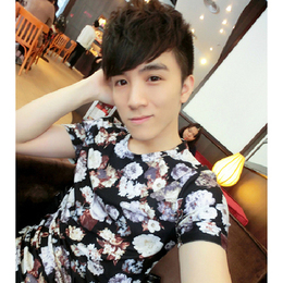 2015夏季韩版潮男士t恤短袖修身碎花纹款圆领半截袖男装上衣小衫